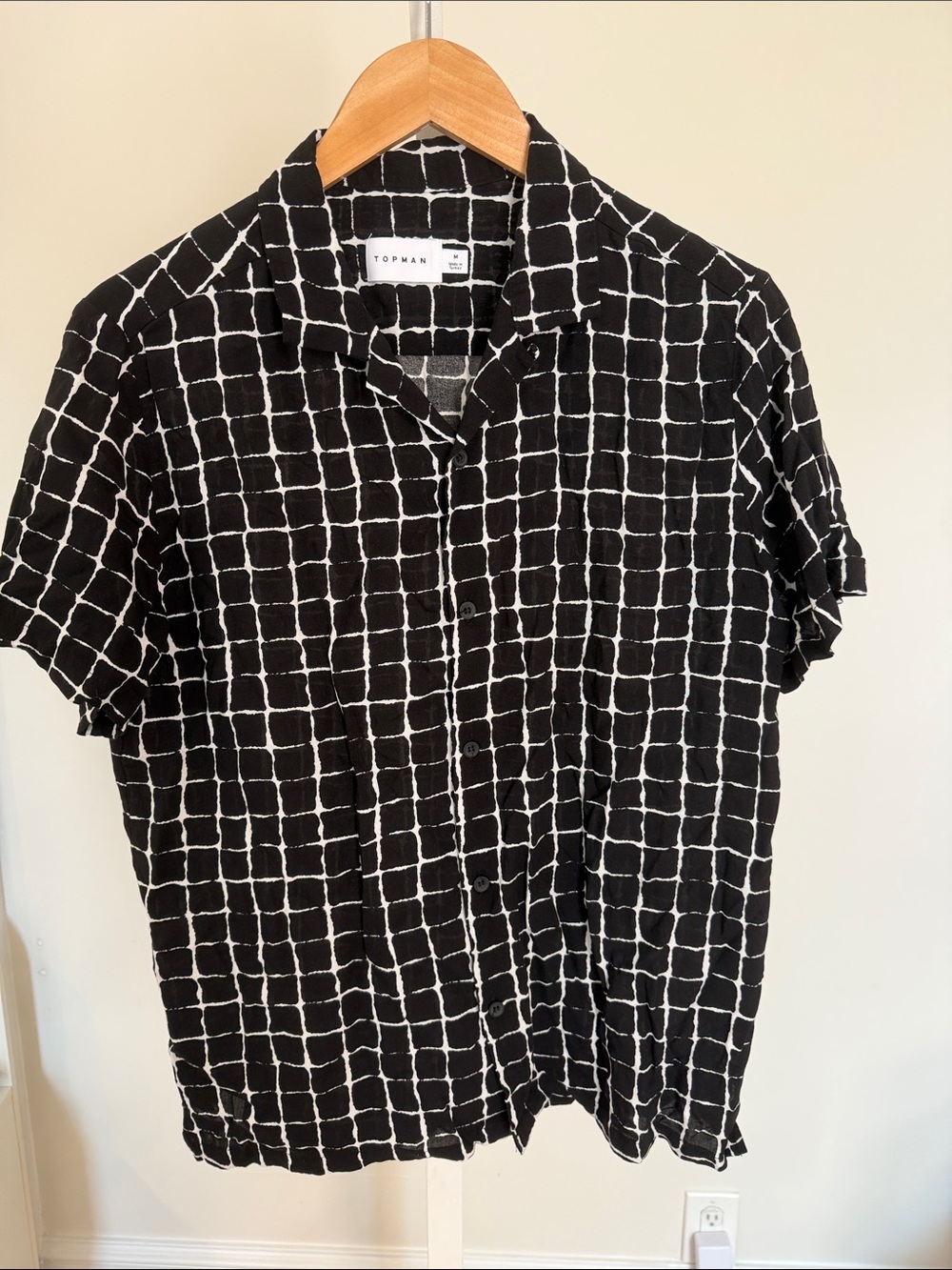 Topman Black and White Grid Short Sleeve Button-Down Shirt